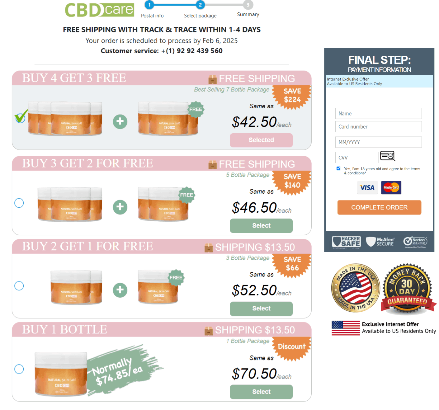 CBD Care Skin Cream checkout page